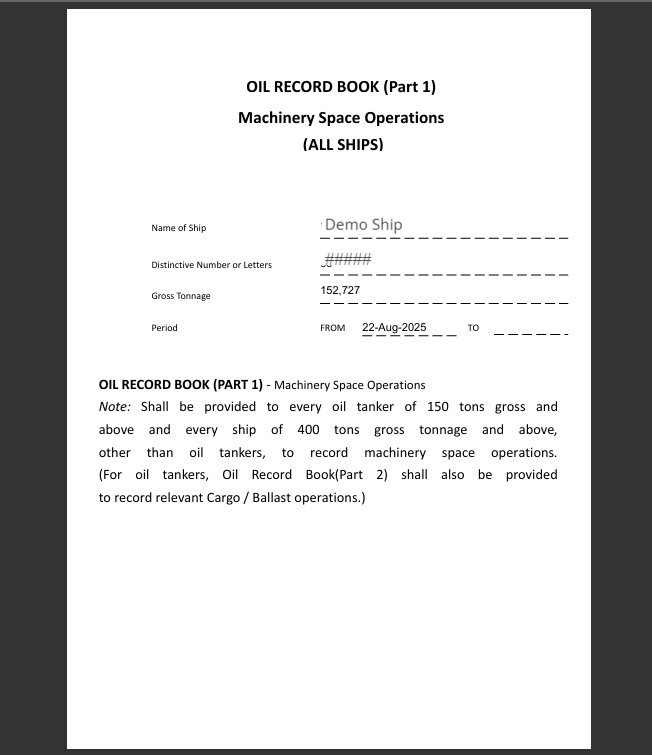 Oil Record Book (Part I) cover page