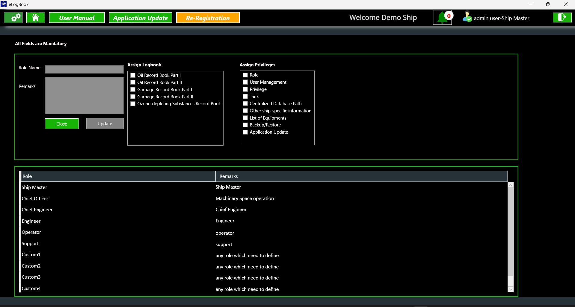 Role & privileges configuration screen